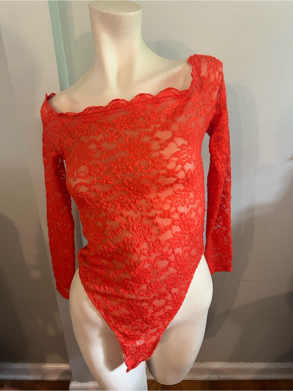 Free People Coral Red Lace Off-Shoulder Long Sleeve Bodysuit